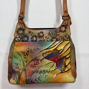 Anuschka‎ Hand Painted Leather Butterfly Bamboo Shoulder Bag Purse
